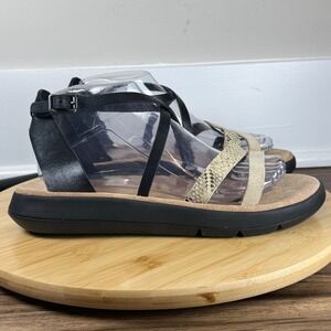 Clarks Strappy Sandals Women Sz 9 Black Tan Snakeskin Excellent Platform Casual